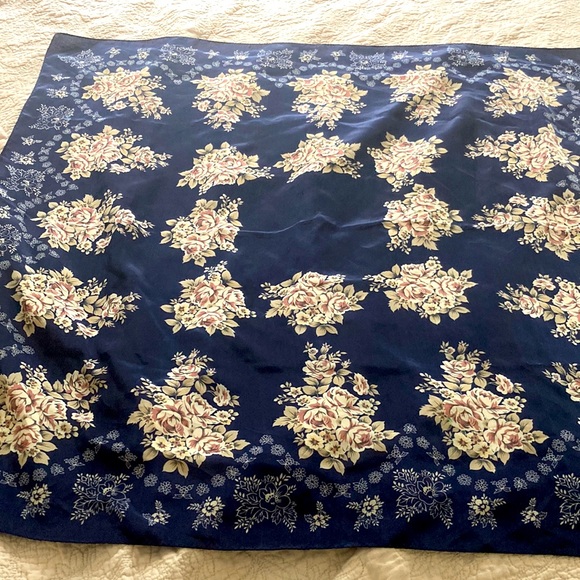 Navy, rose scarf with neutral cream.  34” square - Picture 6 of 8